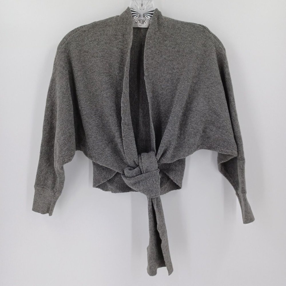SEEK THE LABEL Sz XS Gray Ribbed Tie Front Half Sleeve Cardigan Fall Cozy Modern - Picture 4 of 15